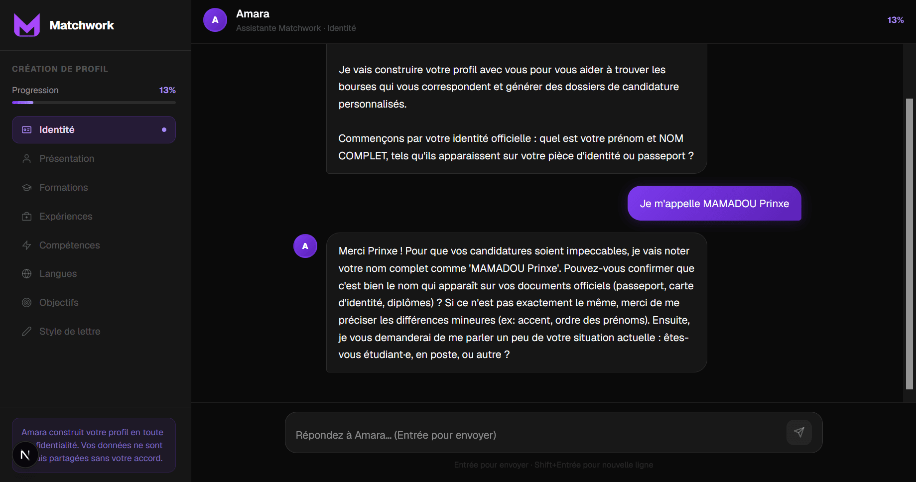 Création de profil avec Amara, l'assistante IA